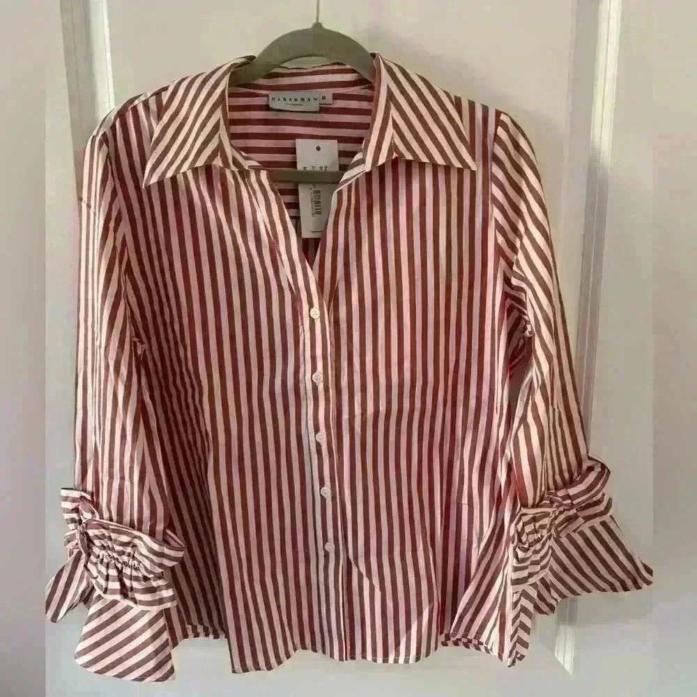 NEW Harshman 100% Cotton Selina Blouse ~ Brown Stripe ~ M ~ BEAUTIFUL!